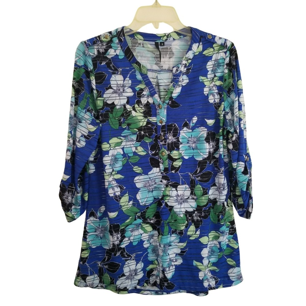 Cathy Top Womens Small Blue Floral Roll Tab Sleeve Quarter Button V-Neck